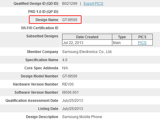 Bluetooth certification for Samsung GT-I9506