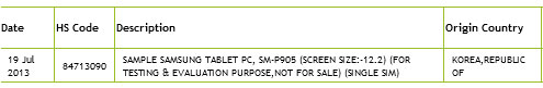 Shipment notice for Samsung SM-P905