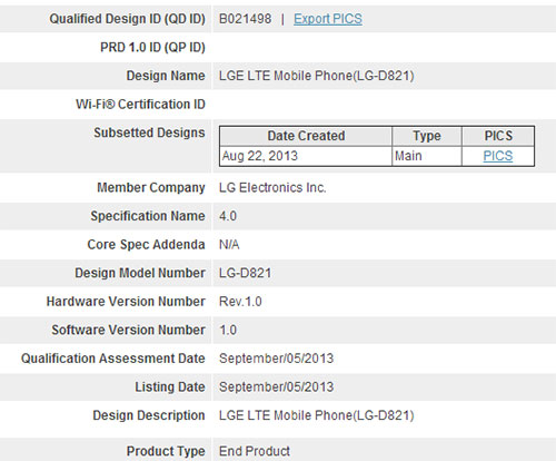 LG-D821 Bluetooth SIG filing