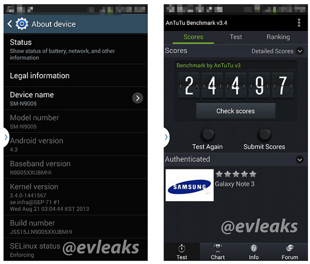 Rumoured Samsung Galaxy Note III 'About' screen