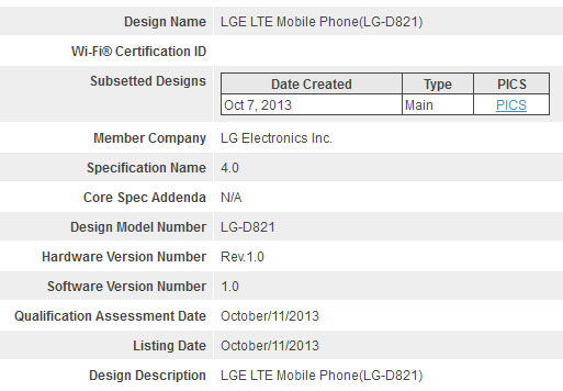 October Bluetooth SIG certification for LG D821