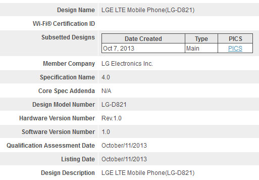 October Bluetooth SIG certification for LG D821