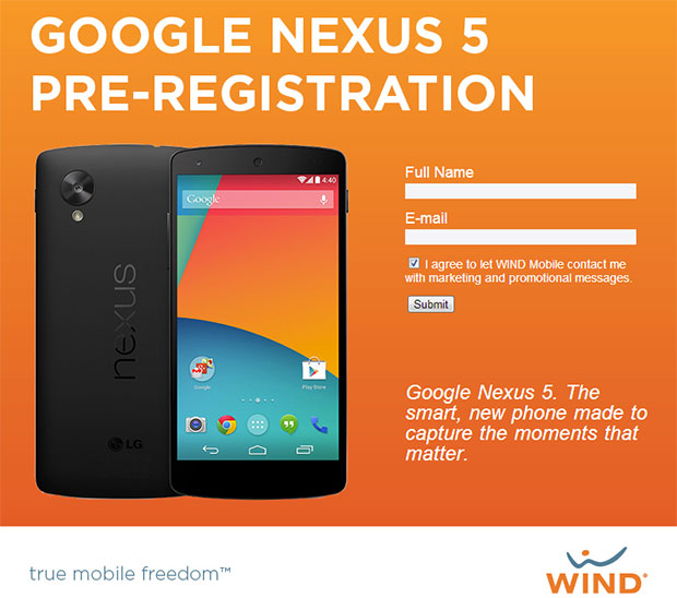 Google Nexus 5 WIND Mobile pre-registration page