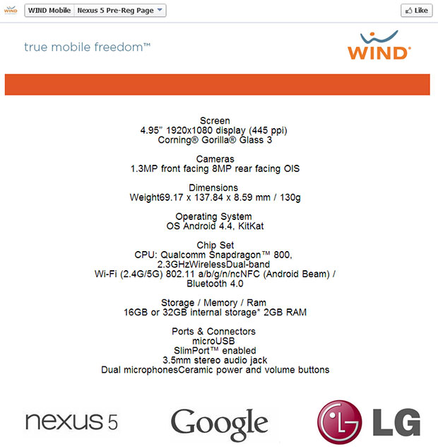 Google Nexus 5 WIND Mobile pre-registration page