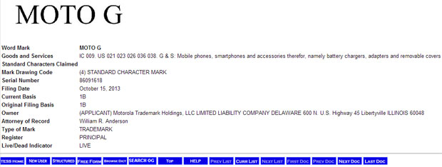 USPTO filing for Moto G