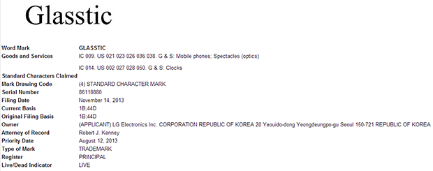 LG Glasstic trademark filing