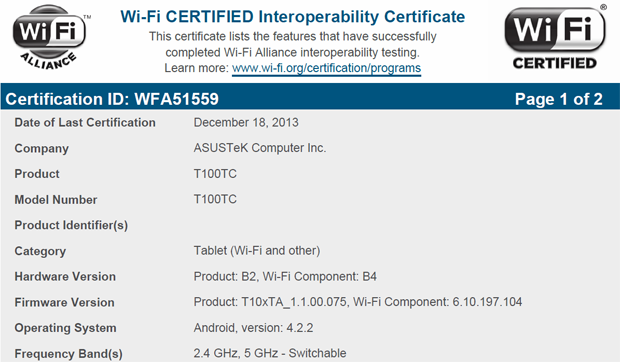 ASUS Transformer Book T100TC Wi-Fi certification