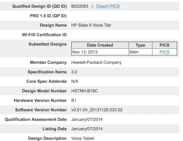 Bluetooth SIG filing for HP Slate 6 Voice Tab