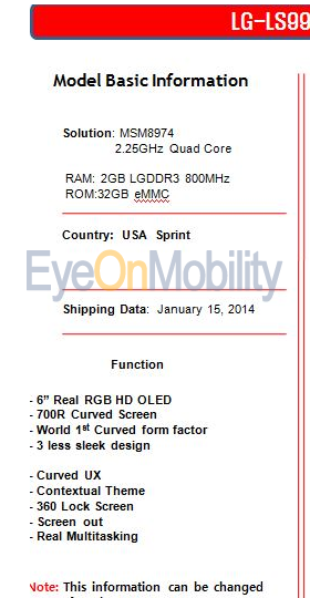 Shipment date for LG G Flex to Sprint Wireless