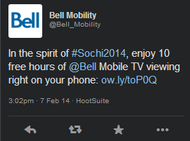 @Bell_Mobility tweet for Olympics Mobile TV offer