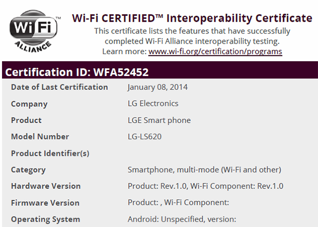 Wi-Fi certification for LG-LS620