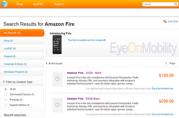 AT&T listings for Amazon Fire Phone