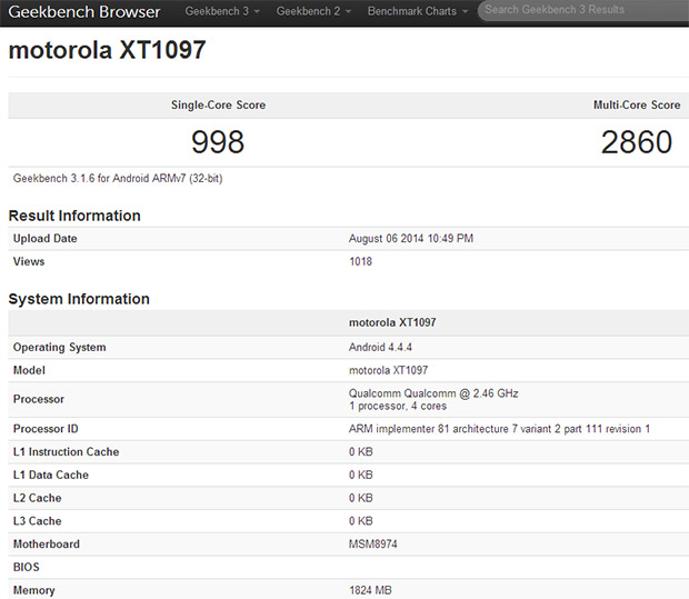 Geekbench benchmark for Motorola XT1097
