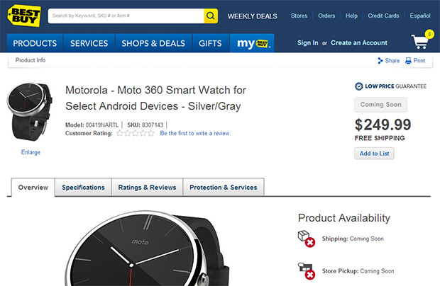 Moto 360 on Best Buy website