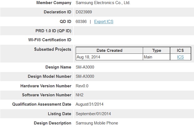 Bluetooth filing for Samsung SM-A3000