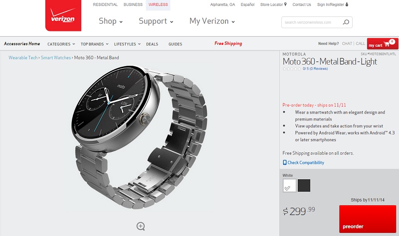 Metal wristband Moto 360 Verizon pre-orders