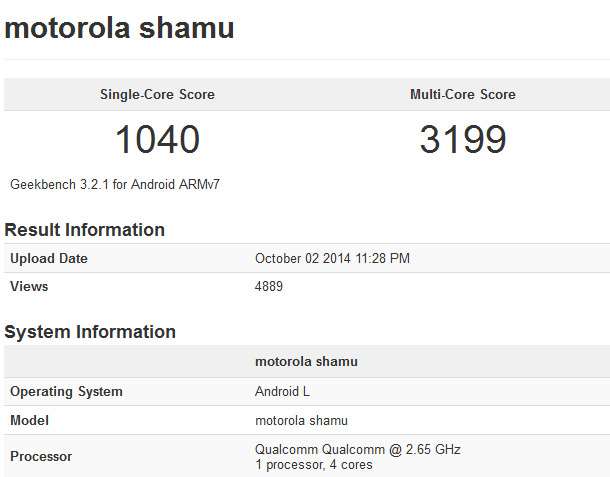 Geekbench benchmark for Motorola Shamu