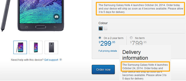Bell launch date for Samsung Galaxy Note 4