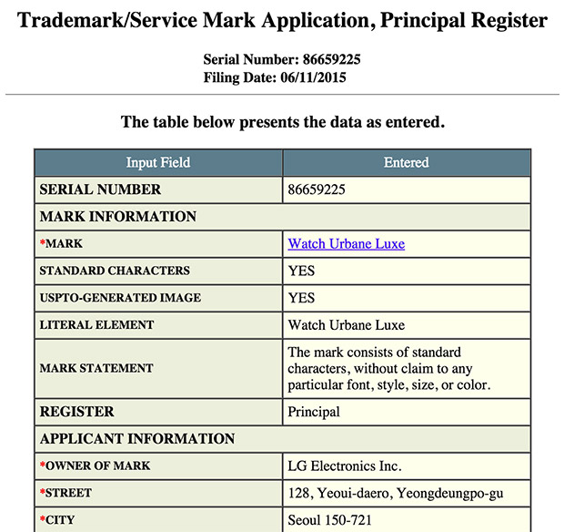 LG Watch Urbane Luxe trademark