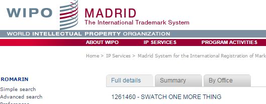 WIPO Swatch filing for "One more thing"